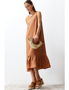 Trendyol Brown Crew Neck Midi Aerobin Woven Dress