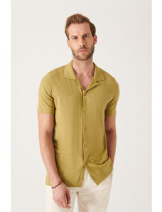 Avva Men's Oil Green Cuban Collar Short Sleeve Slim Fit Slim Fit Knitwear Cardigan