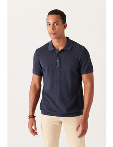 Avva Men's Navy Blue Polo Neck Textured Ribbed Regular Fit Knitwear T-shirt