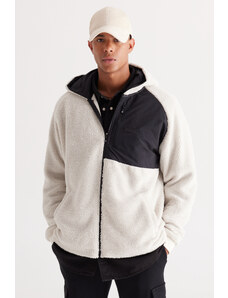 AC&Co / Altınyıldız Classics Men's Beige Oversize Wide-Fit Hooded Sherpa Fleece Sweatshirt Jacket