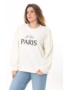 Şans Women's Plus Size Bone Shoulder Gathered Embroidery And Ornamental Button Detailed Sweatshirt