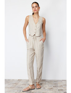 Trendyol Beige Elastic Waist Straight/Straight Cut Cotton Linen Woven Trousers