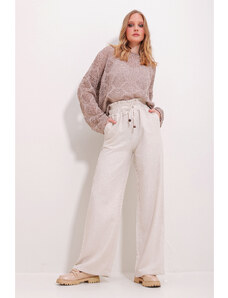 Trend Alaçatı Stili Women's Light Beige Double Pocket Laced Palazzo Linen Trousers