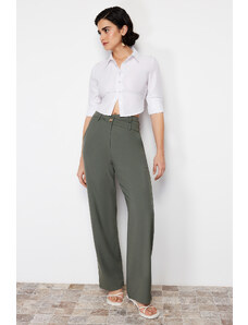 Trendyol Khaki Premium Straight/Straight Fit Asymmetric Waist Detail Woven Trousers