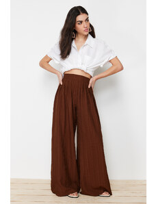 Trendyol Pleat Detailed Wide Leg Dark Brown Textured Fabric Woven Trousers