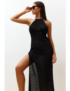 Trendyol Black Fitted Maxi Knitted Decollete Decollete Knit Effect Beach Dress