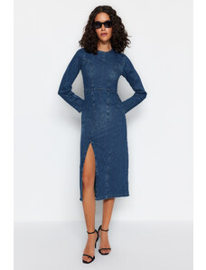 Trendyol Blue Stitching Detailed Midi Denim Dress