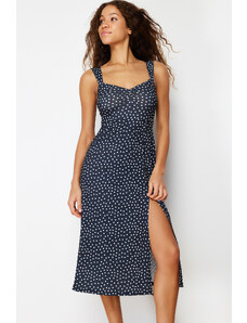 Trendyol Navy Blue Polka Dot Sweetheart Neckline Gathered Strap Knitted Midi Dress