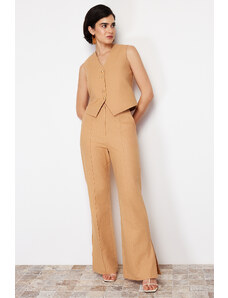 Trendyol Camel Premium Straight/Straight Cut Linen Woven Trousers