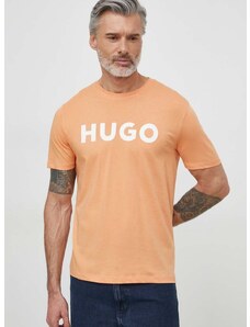 Bavlněné tričko HUGO oranžová barva, s potiskem, 50467556