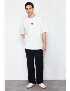 Trendyol Ecru Oversize Mushroom Embroidery 100% Cotton T-Shirt