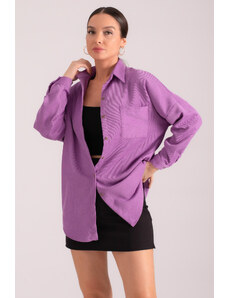 armonika Women's Lilac Pocket Oversize Slim Ribbed Velvet Shirt