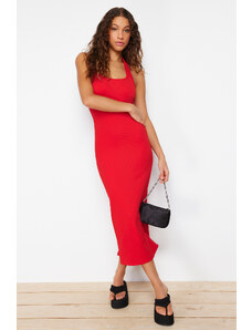 Trendyol Red Fitted Square Neck Ribbed Flexible Knitted Maxi Dress