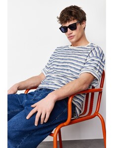 Trendyol Blue Oversize/Wide-Fit Striped Label Short Sleeve Textured Linen-Cotton T-Shirt