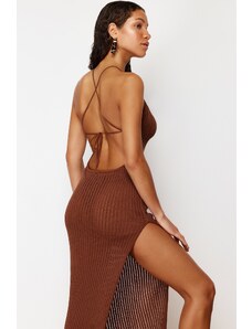 Trendyol Brown Fitted Maxi Knitted Decollete Back Knitwear Look Beach Dress