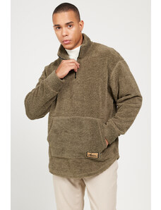 AC&Co / Altınyıldız Classics Men's Khaki Oversize Loose Cut Stand-Up Bato Collar Sherpa Sweatshirt Fleece