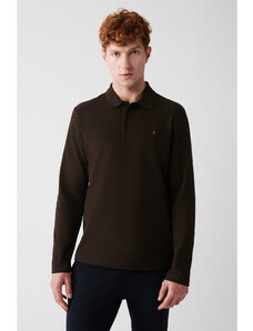 Avva Men's Brown Sweatshirt 3 Buttons Polo Neck 100% Cotton Basic Regular Fit