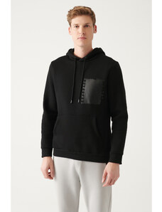 Avva Men's Black Hooded Collar 3 Thread Inner Fleece Printed on Back Regular Fit Sweatshirt