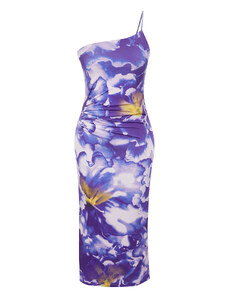 Trendyol Limited Edition Purple Printed Fitted Midi One-Shoulder Elastic Knit Dress