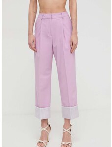 Kalhoty s příměsí vlny Karl Lagerfeld růžová barva, široké, high waist