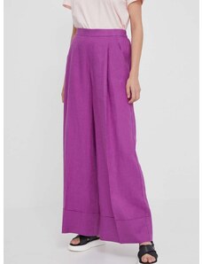 Plátěné kalhoty United Colors of Benetton fialová barva, široké, high waist