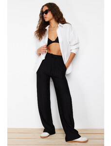 Trendyol Black Thick Striped Straight/Straight Cut Stretchy Trousers