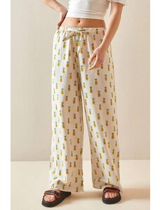 Madmext Patterned Yellow Wide Leg Linen Trousers