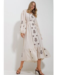 Trend Alaçatı Stili Women's Beige Slit Neck Belted Embroidered Inner Lined Maxi Length Dress