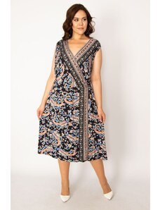 Şans Women's Plus Size Colorful Shawl Pattern Closed Wrapped Dress