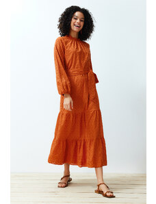 Trendyol Cinnamon High Collar Brode Lace Lined Woven Dress