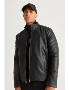AC&Co / Altınyıldız Classics Men's Black Standard Fit Normal Fit High Neck Faux Leather Jacket
