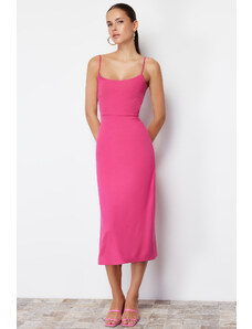 Trendyol Fuchsia Cut Out Detailed Fitted/Fitted Midi Knitted Midi Dress with Slit
