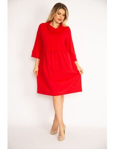 Şans Women's Plus Size Red Stand-Up Collar Skirt Part Collar And Sleeves Rolled Up, Fabric Dress