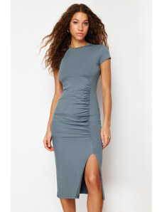 Trendyol Light Anthracite Fitted Midi Cotton Stretch Knit Dress with Gathering and Slit