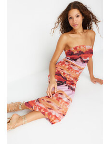 Trendyol Multicolor Strapless Draped Detailed Patterned Fitted/Situated Maxi Knitted Maxi Dress