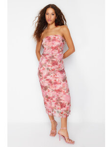 Trendyol Pink Strapless Drape Detailed Patterned Fitted Maxi Knitted Maxi Dress