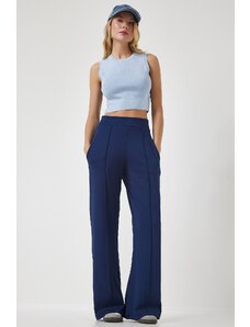 Happiness İstanbul Women's Navy Blue High Waist Scuba Palazzo Trousers