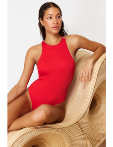 Trendyol Red Halter Neck Accessory Textured Regular Swimsuit