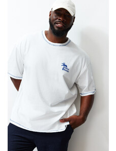 Trendyol Plus Size Ecru Oversize Stitch Detail Printed Comfortable 100% Cotton T-Shirt