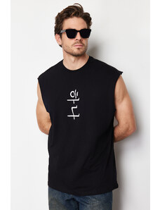 Trendyol Black Oversize/Wide-Fit Oriental Text Printed 100% Cotton T-Shirt/Athlete