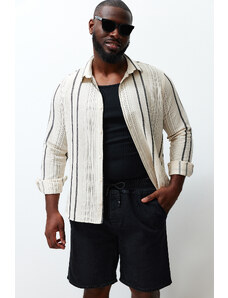 Trendyol Black Regular Fit Striped Etamine Plus Size Linen Look Shirt
