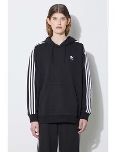 Mikina adidas Originals 3-Stripes Hoodie dámská, černá barva, s kapucí, s aplikací, IU2418