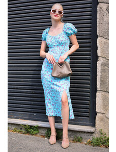 Madmext Blue Floral Pattern Slit Dress