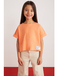 GRIMELANGE Verena Girl's 100% Cotton Double Sleeve Orange T-shirt with Ornamental Labe