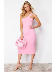 Trendyol Pink Fitted One Sleeve Stretchy Knitted Midi Dress