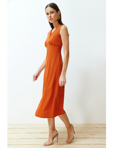 Trendyol Cinnamon A-line V-neck Slit Detailed Midi Woven Dress