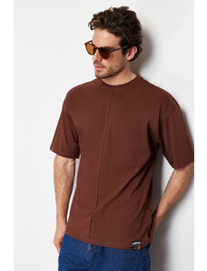 Trendyol Brown Oversize Stitch Detail 100% Cotton T-Shirt