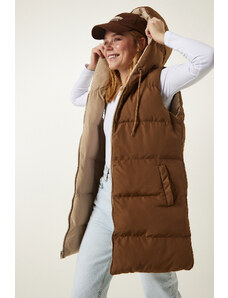 Happiness İstanbul Women's Beige Camel Hooded Reversible Puffer Vest