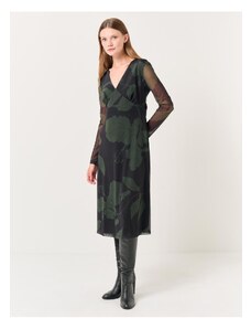 Jimmy Key Black V-Neck Long Sleeve Floral Midi Mesh Dress