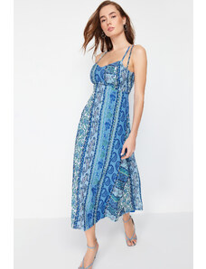 Trendyol Blue Patterned Strappy A-line/Bell Form Midi Lined Woven Dress